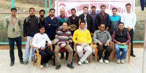 Winners posing alongwith dignitaries during SMVSDB Men’s Badminton Tournament at Katra on Tuesday.