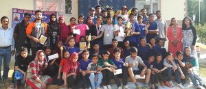 Medal winners of 4th Jr, Sub Jr North Zone Sport Climbing Championship posing alongwith officials at Sprawling Buds School in Jammu.