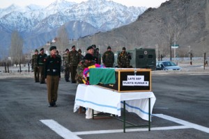 Army officers paying homage to martyr Vijay Kumar at Leh air base on Tuesday.