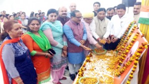 BJP leaders paying tributes to martyrs at Jammu on Tuesday.