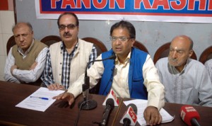 PK leaders at a press conference at Jammu on Tuesday. -Excelsior/ Rakesh