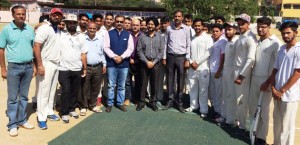 Players posing for a group photograph alongwith Simrandeep Singh, DC Jammu and other dignitaries during inaugural ceremony of 4th Baisakhi T20 Tri-Series in Jammu on Tuesday.