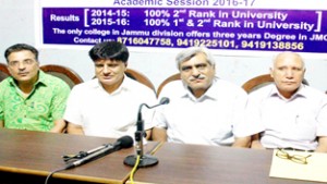 Members of HESK at a press conference at Press Club Jammu on Friday.-Excelsior/Rakesh