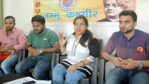 ABVP leaders at a press conference at Jammu on Tuesday.  —Excelsior/Rakesh