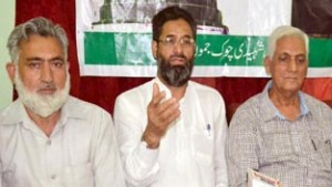 Members of Muslim Unity Council addressing a press conference at Jammu on Tuesday.                           -Excelsior/ Rakesh