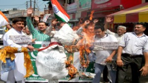 JWAM activists burning effigies of Pakistan in Jammu on Tuesday.