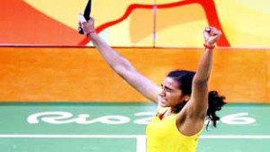 PV Sindhu of India celebrates after winning her semi-final match against Nozomi Okuhara of Japan.