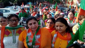 BJP Mahila Morcha activists taking out Tringa rally at Jammu on Friday.