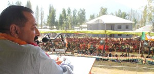 Union Minister, Dr Jitendra Singh addressing a public meeting at Kishtwar on Friday.