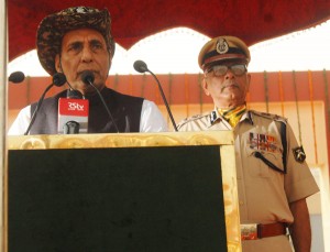 Union Home Minister Rajnath Singh addressing during the 55th Raising Day celebration of ITBP (Indo Tibetan Border Police), at the camp of the force in Greater Noida on Friday.(UNI)