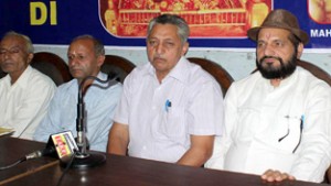 Members of Sewa Committee Baridaran, Shri Mata Vaishno Devi Shrine Katra addressing a press conference at Jammu on Friday. -Excelsior/ Rakesh