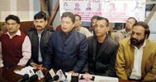 MLA Rajesh Gupta alongwith other dignitaries addressing media persons at Jammu on Wednesday.