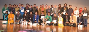 Winners of 2nd North Zone Declamation Contest posing for group photograph alongwith dignitaries on Wednesday. 