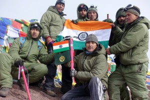 Members of the Expedition to Mt. Stok Kangri posing with National flag.-Excelsior/Stanzin