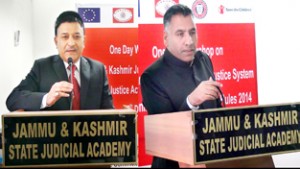 Justice Janak Raj Kotwal and Director State Judicial Academy Abdul Rashid Malik addressing workshop on Juvenile Justice System on Saturday.