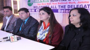 Dr Gauri Aggarwal and Dr Dushyant Chaudhary addressing a press conference at Jammu on Saturday. —Excelsior/Rakesh