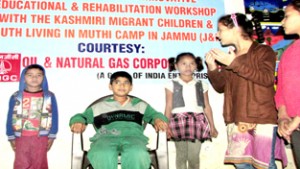 Children learning acting skills during a workshop that concluded at Muthi Camp in Jammu on Sunday.