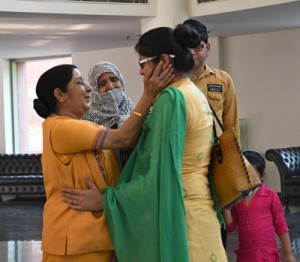 External Affairs Minister Sushma Swaraj receiving Indian woman Uzma Ahmed in New Delhi on Thursday. (UNI)