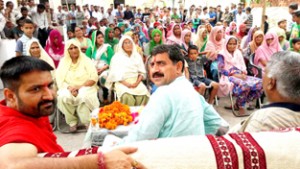 MP Jugal Kishore Sharma, MLA Marh Choudhary Sukhnandan and BJP leader Omi Khajuria at a public meeting at Marh on Tuesday.