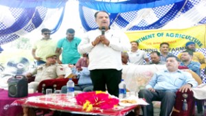 MLA Akhnoor Rajeev Sharma addressing farmers at Akhnoor on Tuesday.