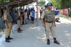 Security forces manning Bhagwati Nagar Yatri Niwas on Monday. -Excelsior/Rakesh