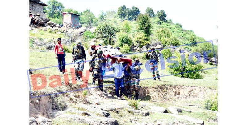 An injured being shifted to hospital in Mendhar sector on Sunday.-Excelsior/Rahi Kapoor