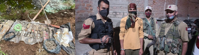 Arms and ammunition recovered in Doda (left) and a militant arrested in Kishtwar (right) on Friday.           —Excelsior pics by Rafi Choudhary & Tilak Raj