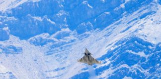 IAF fighter jet Rafale flying near the mountains of Leh on Monday. (UNI)