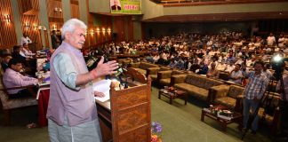 Lt Governor Manoj Sinha addressing after inauguration of a two-day multi-stakeholder convention on holistic agriculture in Srinagar on Monday. (UNI)